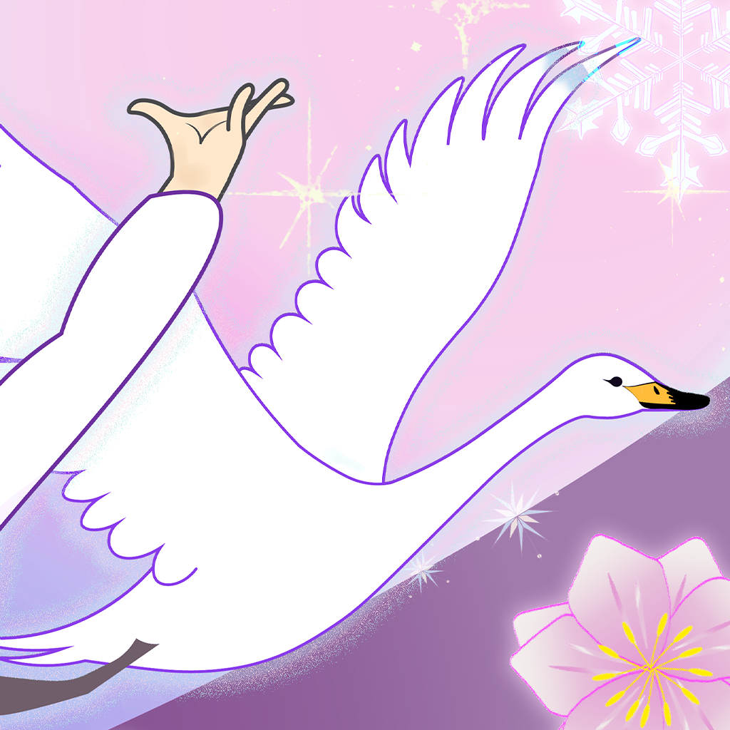 翼を広げてクリエとともに空へ舞い上がる白鳥